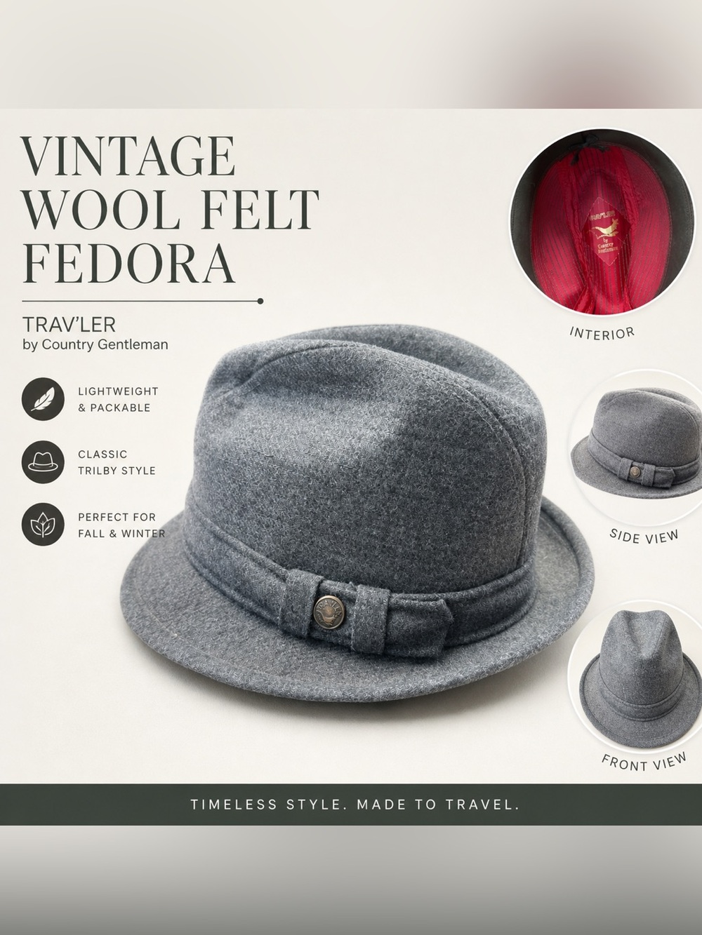 Vintage Wool Felt Fedora Hat Gray Trav’ler Country Gentleman Trilby Classic Hat